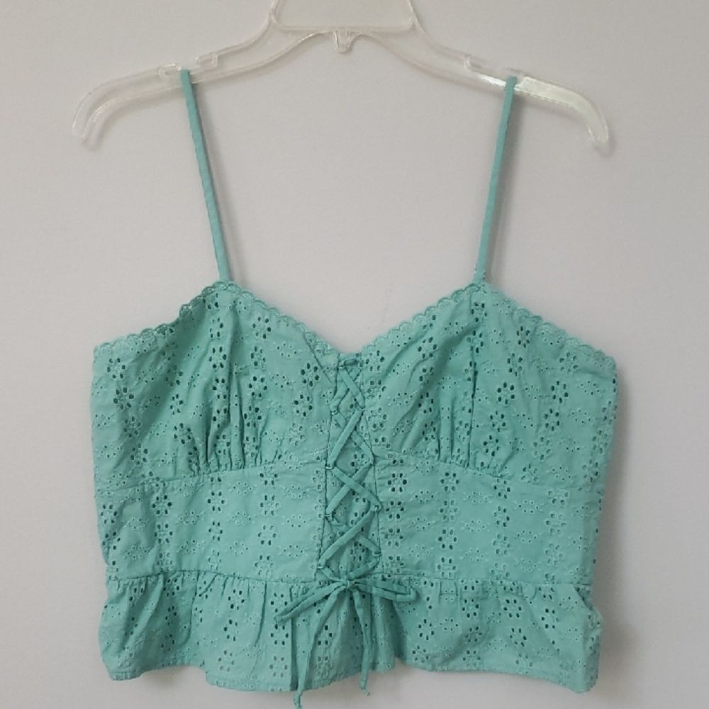 Wild Fable Top Womens L Eyelet Corset Tie Front Smocked Milkmaid Crop Cami